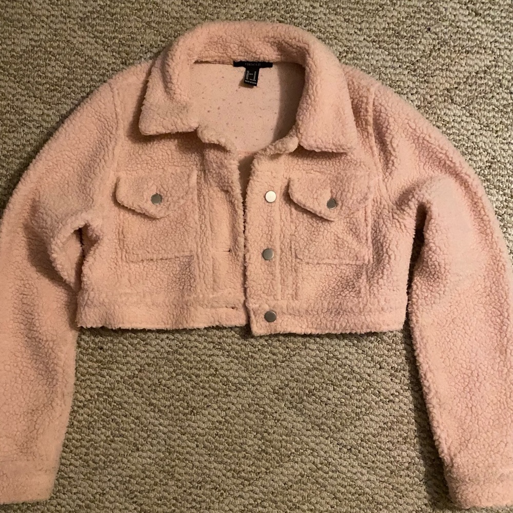 Pink cropped teddy bear jacket
